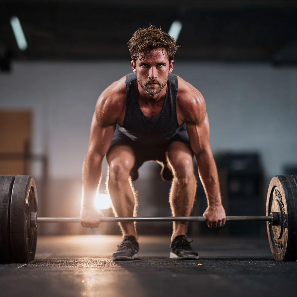 Athletic man performing deadlift exercise in gym with perfect form and concentration showing strength and dedication