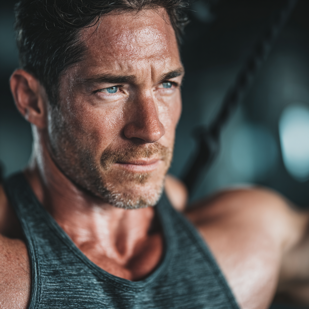 Strong determined man training in modern gym with focused expression and athletic build